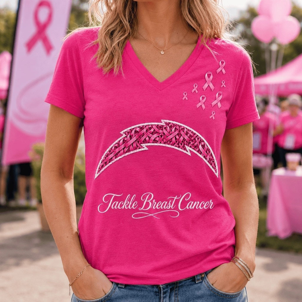 Los Angeles Chargers Merch 2026 Tackle Breast Cancer V-Neck Shirt Breast Cancer Survivor Gifts 1 - Unicasport Los Angeles Chargers Merch 2026 Tackle Breast Cancer V-Neck Shirt Breast Cancer Survivor Gifts
