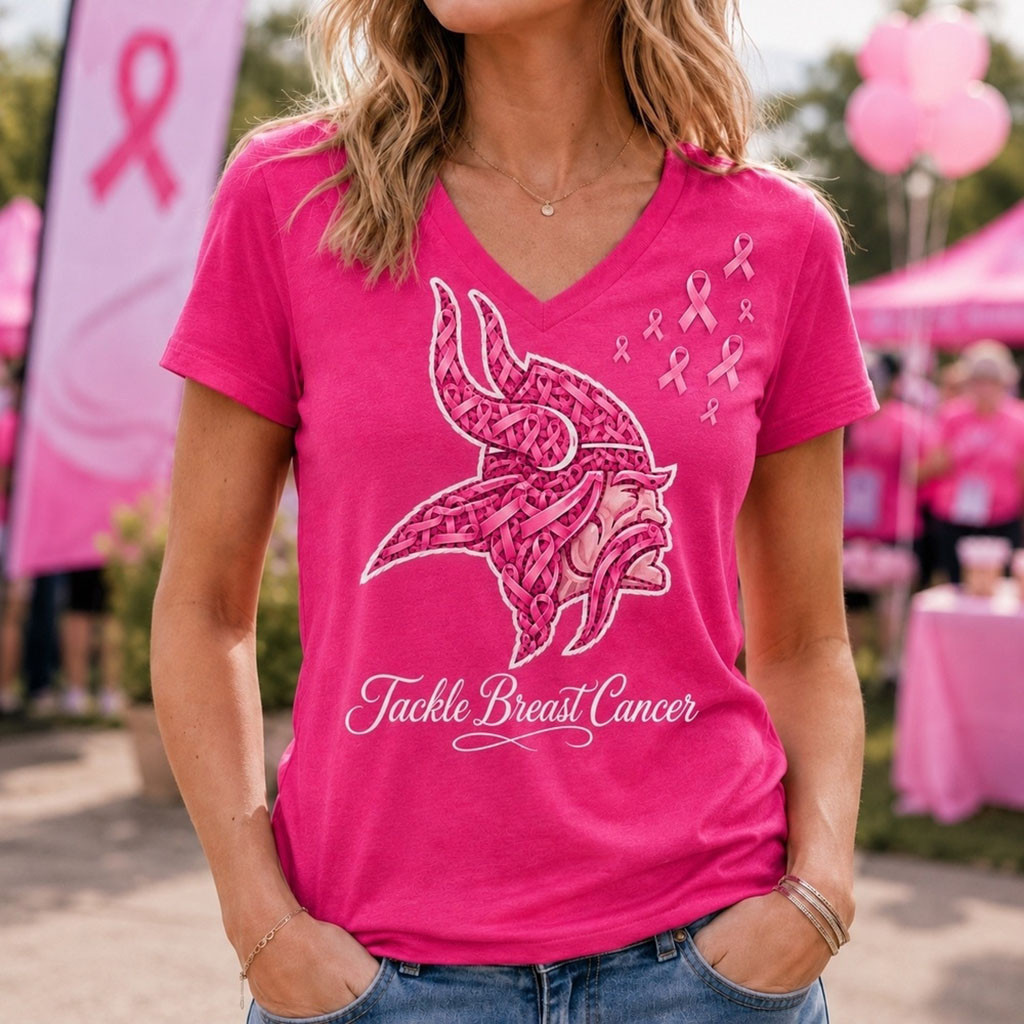 Minnesota Vikings Merch 2026 Tackle Breast Cancer V-Neck Shirt Cancer Survivor Gifts For Women 1 - Unicasport Minnesota Vikings Merch 2026 Tackle Breast Cancer V-Neck Shirt Cancer Survivor Gifts For Women