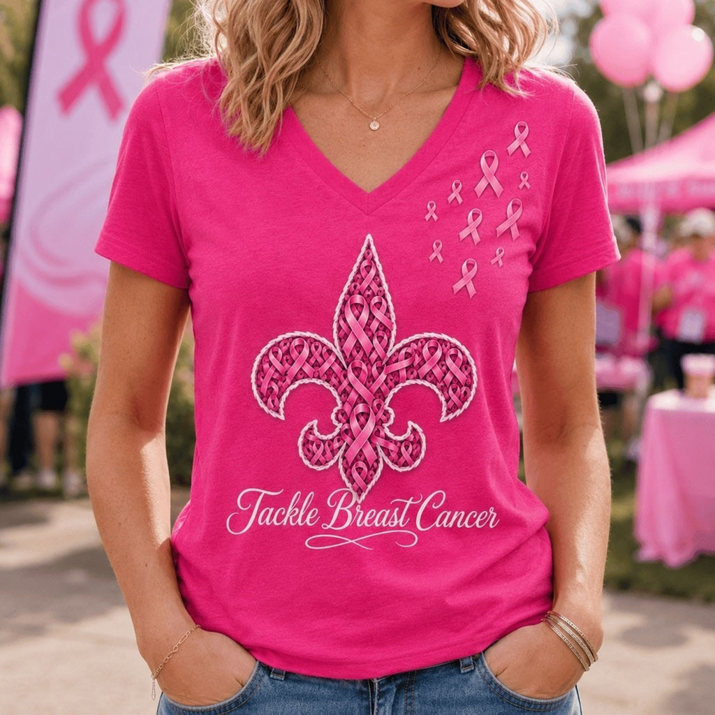 New Orleans Saints Merch 2026 Tackle Breast Cancer V-Neck Shirt Gift For Cancer Survivor 1 - Unicasport New Orleans Saints Merch 2026 Tackle Breast Cancer V-Neck Shirt Gift For Cancer Survivor