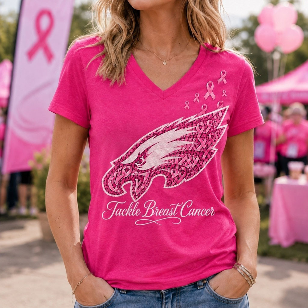 Philadelphia Eagles Merch 2026 Tackle Breast Cancer V-Neck Shirt Breast Cancer Survivor Gifts 1 - Unicasport Philadelphia Eagles Merch 2026 Tackle Breast Cancer V-Neck Shirt Breast Cancer Survivor Gifts