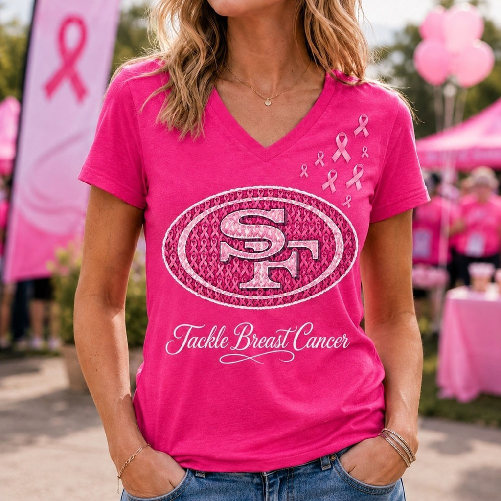 San Francisco 49ers 2026 Tackle Breast Cancer V-Neck Shirt SF 49ers Merch Survivor Gift For Her 1 - Unicasport San Francisco 49ers 2026 Tackle Breast Cancer V-Neck Shirt SF 49ers Merch Survivor Gift For Her