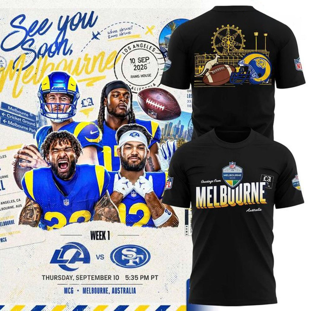 Los Angeles Rams Melbourne 2026 LA to Melbourne Black T-Shirt Rams Merch Football Fan Gifts 1 - Unicasport Los Angeles Rams Melbourne 2026 LA to Melbourne Black T-Shirt Rams Merch Football Fan Gifts