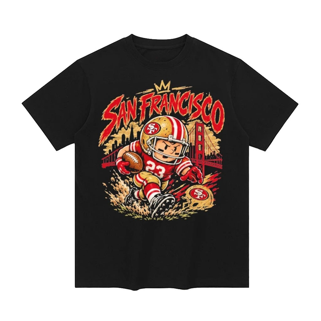 San Francisco Football Cartoon Mascot #23 Running Golden Gate Bridge T-Shirt SF 49ers Merch 1 - Unicasport San Francisco Football Cartoon Mascot #23 Running Golden Gate Bridge T-Shirt SF 49ers Merch