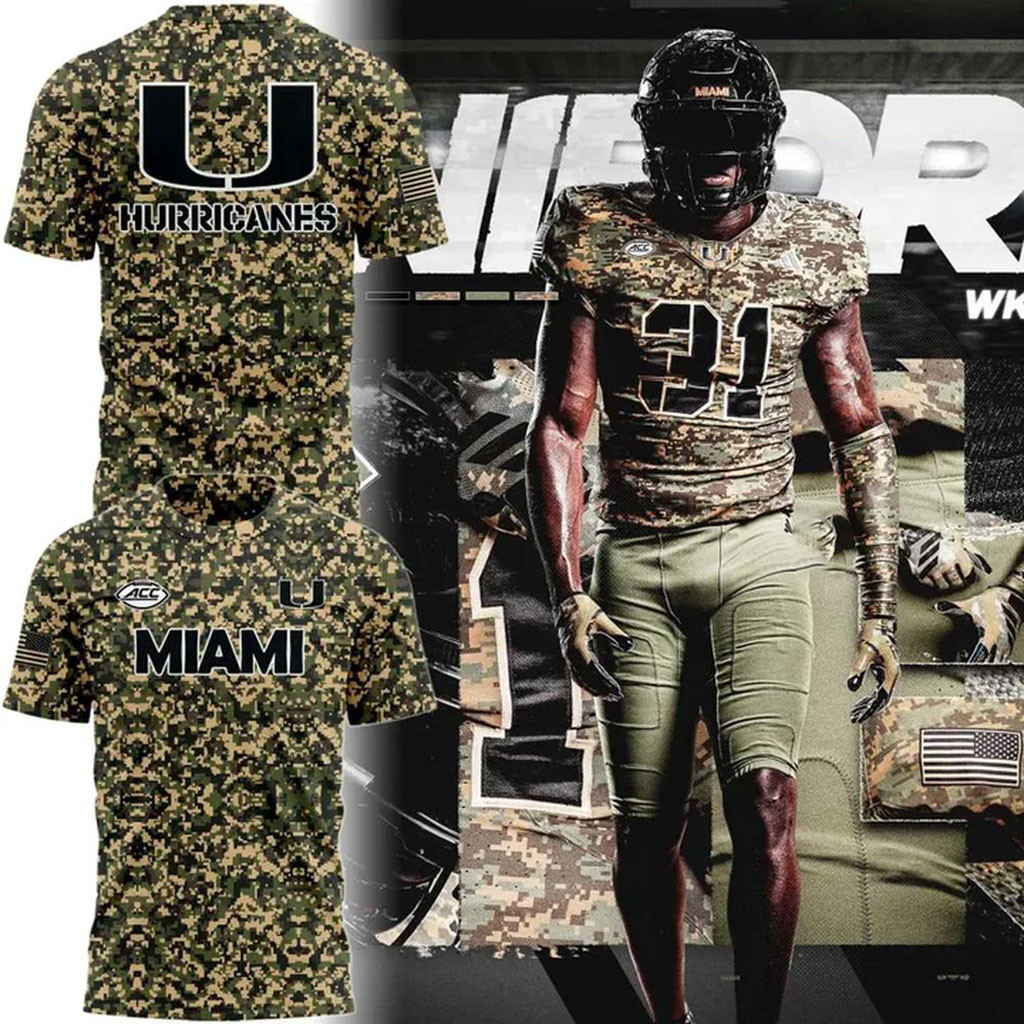 Miami Hurricanes Special Camo Uniforms Camouflage T-Shirt Hurricanes Merch Football Fans Gifts 1 - Unicasport Miami Hurricanes Special Camo Uniforms Camouflage T-Shirt Hurricanes Merch Football Fans Gifts