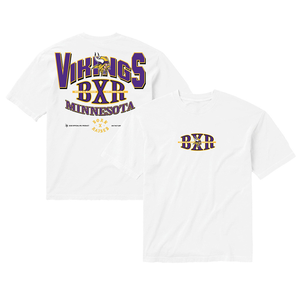 Minnesota Vikings Born X Raised NFL Merch MN Vikings White Block Letter T-Shirt Fan Clothing 1 - Unicasport Minnesota Vikings Born X Raised NFL Merch MN Vikings White Block Letter T-Shirt Fan Clothing