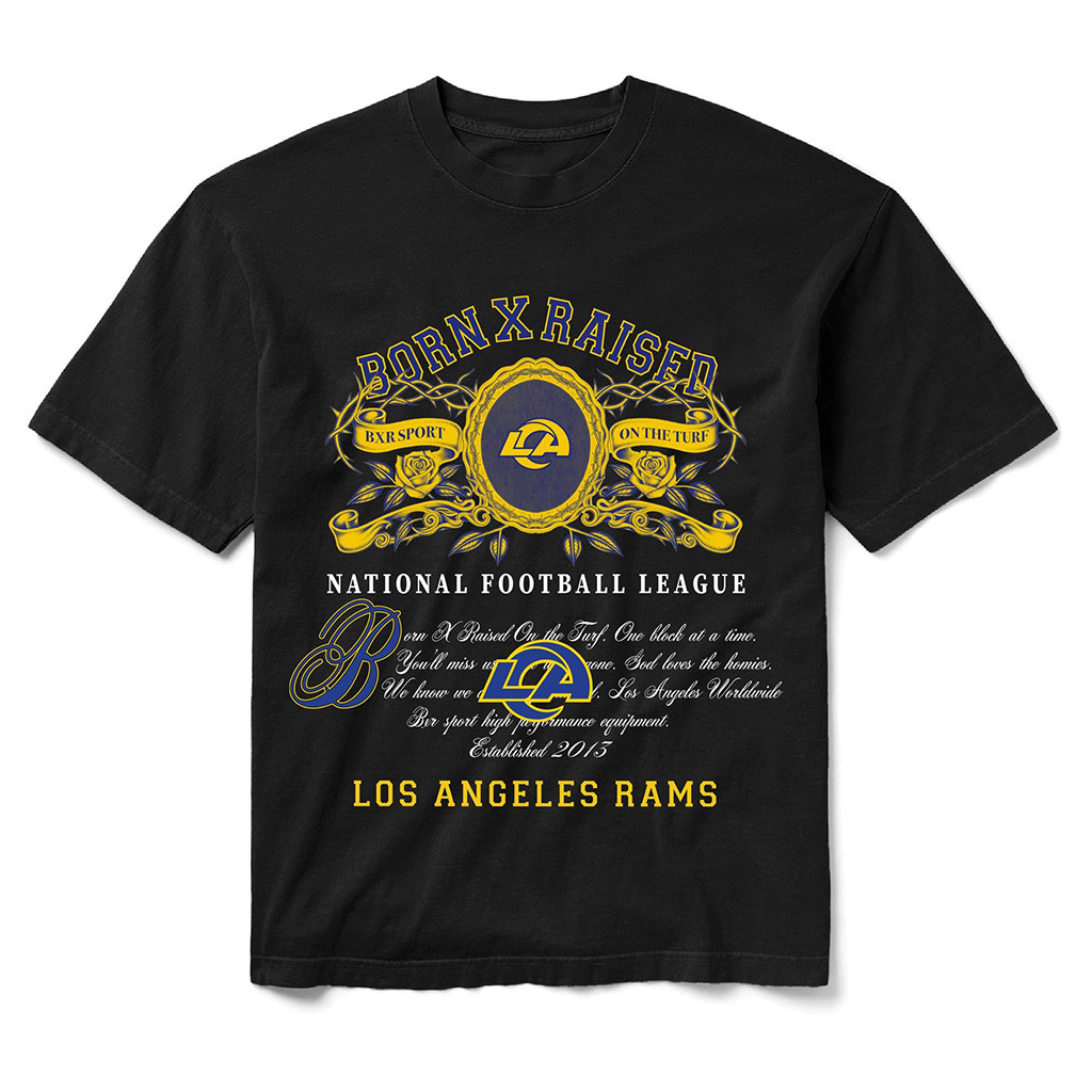Los Angeles Rams Born X Raised NFL Merch LA Rams Black Crest T-Shirt Football Related Gifts 1 - Unicasport Los Angeles Rams Born X Raised NFL Merch LA Rams Black Crest T-Shirt Football Related Gifts
