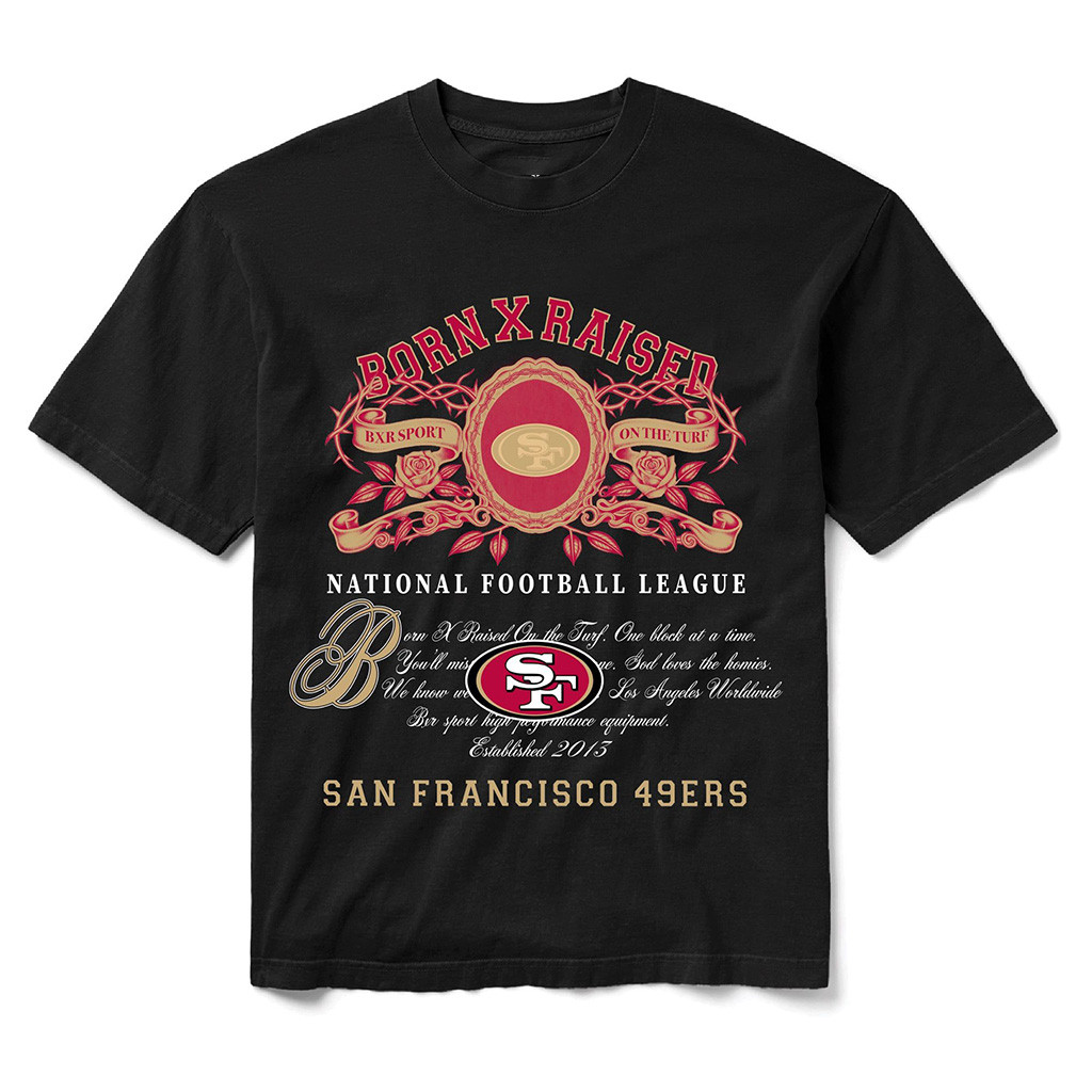 San Francisco 49ers Born X Raised NFL Merch SF 49ers Black Crest T-Shirt Gift For Football Fans 1 - Unicasport San Francisco 49ers Born X Raised NFL Merch SF 49ers Black Crest T-Shirt Gift For Football Fans
