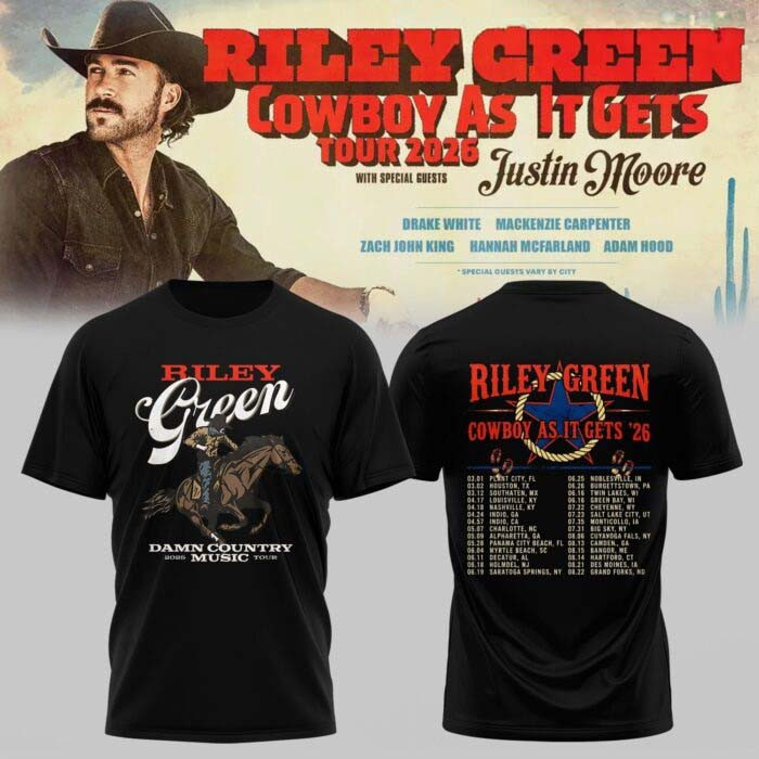 Riley Green Merch Cowboy As It Gets Tour 2026 Black T-Shirt Gift For Riley Green Music Lover 1 - Unicasport Riley Green Merch Cowboy As It Gets Tour 2026 Black T-Shirt Gift For Riley Green Music Lover