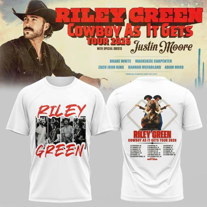 Riley Green Merch Cowboy As It Gets Tour 2026 White T-Shirt Unique Concert Fans Gear Ideas 1 - Unicasport Riley Green Merch Cowboy As It Gets Tour 2026 White T-Shirt Unique Concert Fans Gear Ideas
