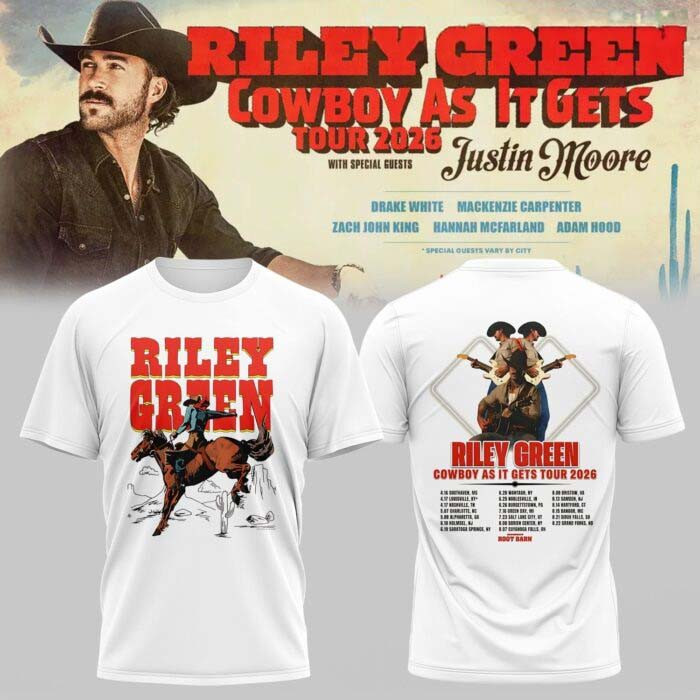 Riley Green Merch Cowboy As It Gets Tour 2026 White T-Shirt Unique Concert Fans Gear 1 - Unicasport Riley Green Merch Cowboy As It Gets Tour 2026 White T-Shirt Unique Concert Fans Gear