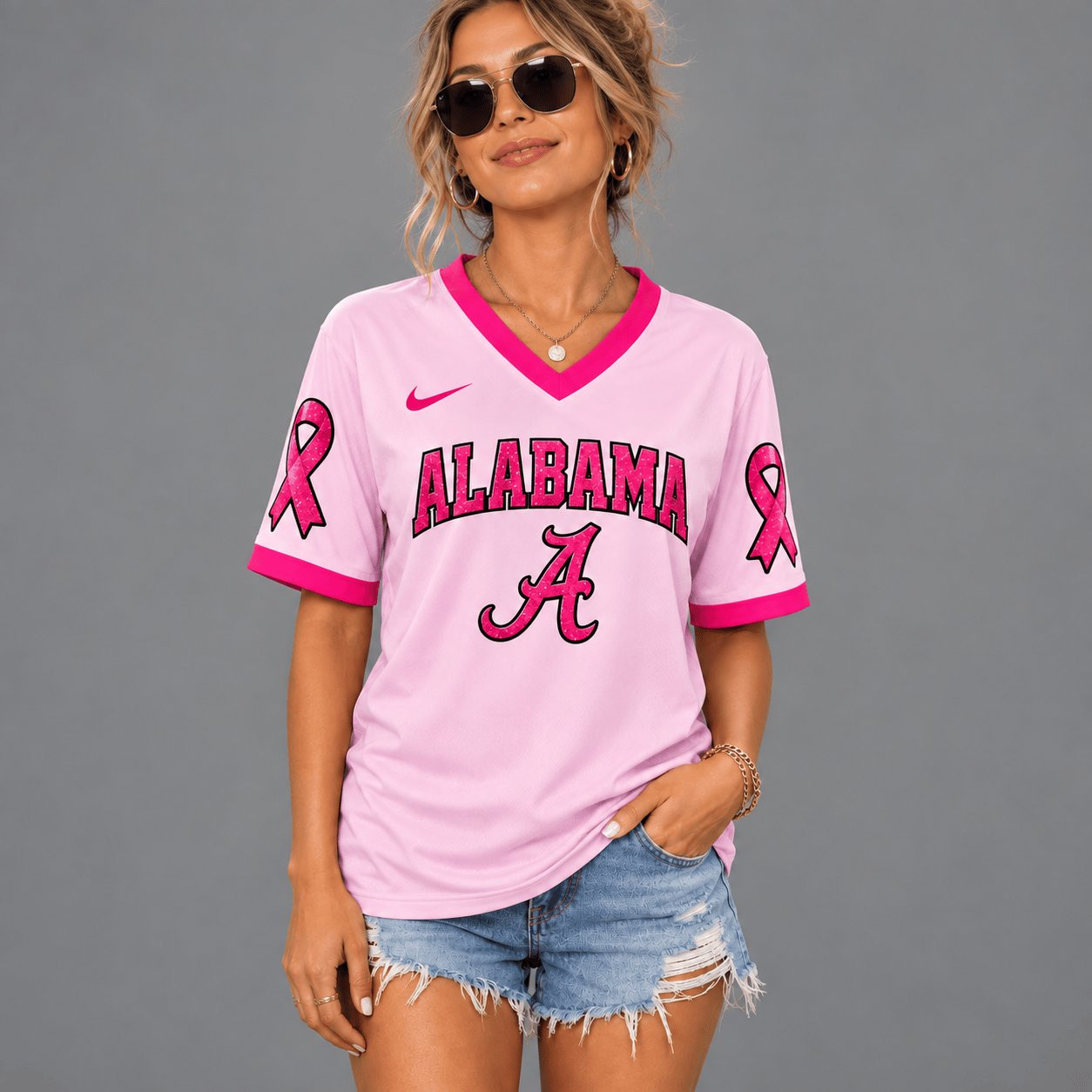 Alabama Crimson Tide V-Neck Pink Ribbon Game Day Shirt Gift For Friends 1 - Unicasport Alabama Crimson Tide V-Neck Pink Ribbon Game Day Shirt Gift For Friends