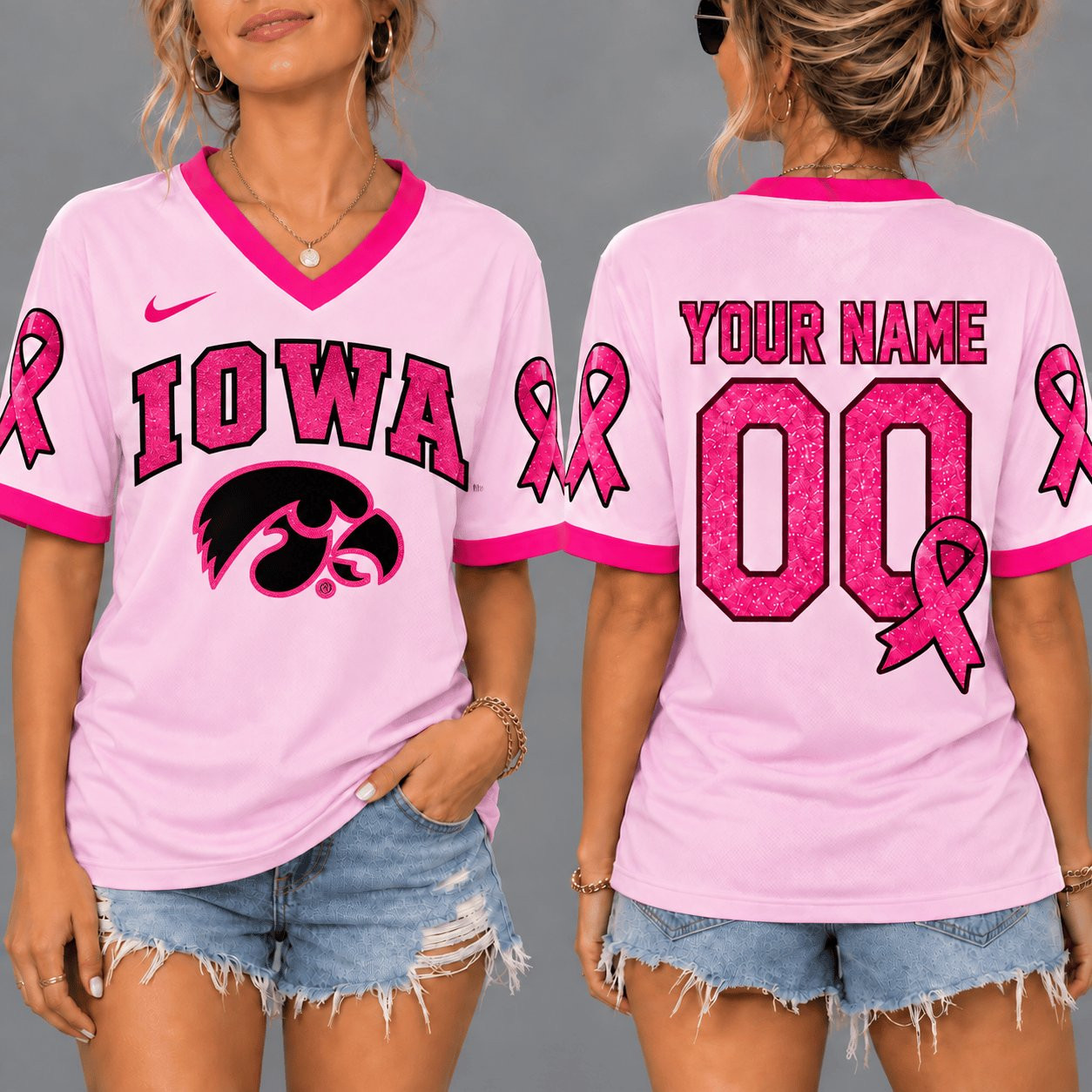 Custom Iowa Hawkeyes x Pink Ribbon Breast Cancer V-Neck Shirt Hawkeyes Supporter Shirt Gifts For Mom 1 - Unicasport Custom Iowa Hawkeyes x Pink Ribbon Breast Cancer V-Neck Shirt Hawkeyes Supporter Shirt Gifts For Mom