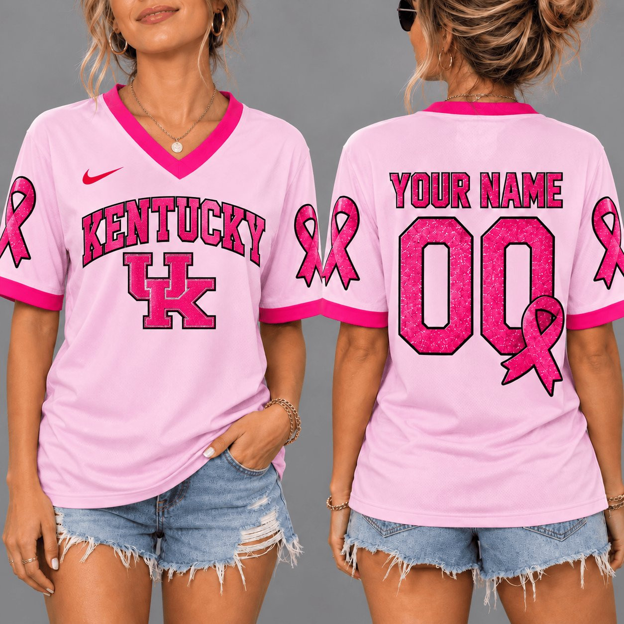 Custom Kentucky Wildcats x Breast Cancer Ribbon V-Neck Shirt Wildcats Fans Apparel Game Day Gift 1 - Unicasport Custom Kentucky Wildcats x Breast Cancer Ribbon V-Neck Shirt Wildcats Fans Apparel Game Day Gift