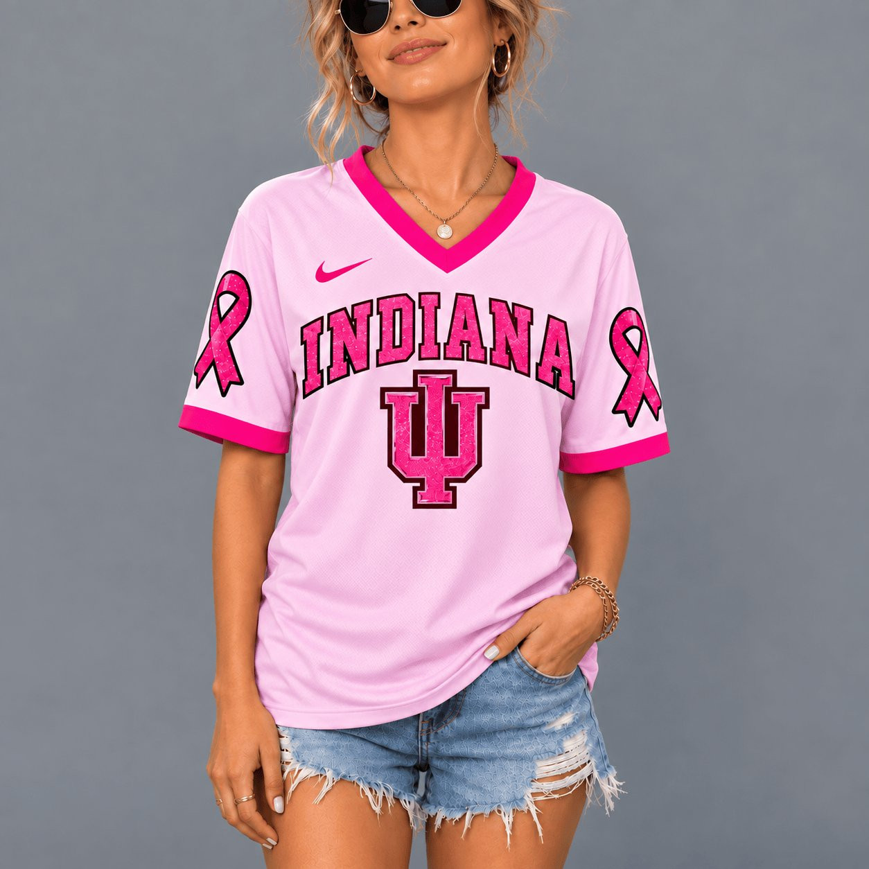 Indiana Hoosiers x Pink Ribbon Breast Cancer V-Neck Shirt Hoosiers Shirt Best Gifts For Mom 1 - Unicasport Indiana Hoosiers x Pink Ribbon Breast Cancer V-Neck Shirt Hoosiers Shirt Best Gifts For Mom