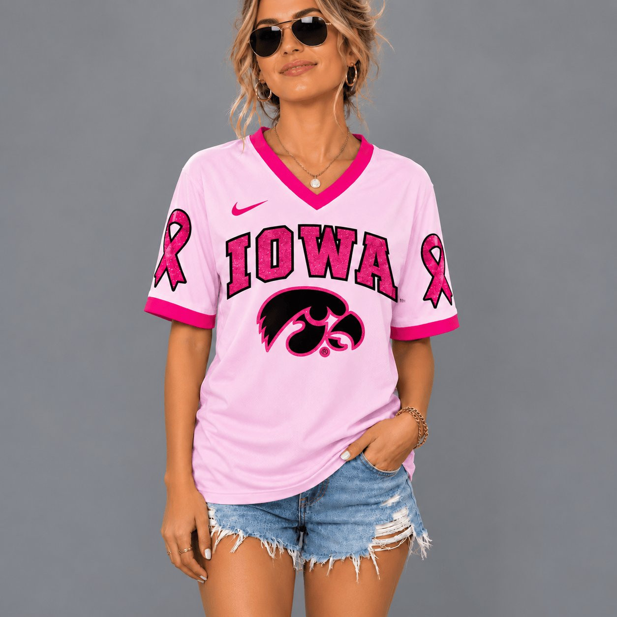 Iowa Hawkeyes x Pink Ribbon Breast Cancer V-Neck Shirt Hawkeyes Fan Shirt Gifts For Mother 1 - Unicasport Iowa Hawkeyes x Pink Ribbon Breast Cancer V-Neck Shirt Hawkeyes Fan Shirt Gifts For Mother
