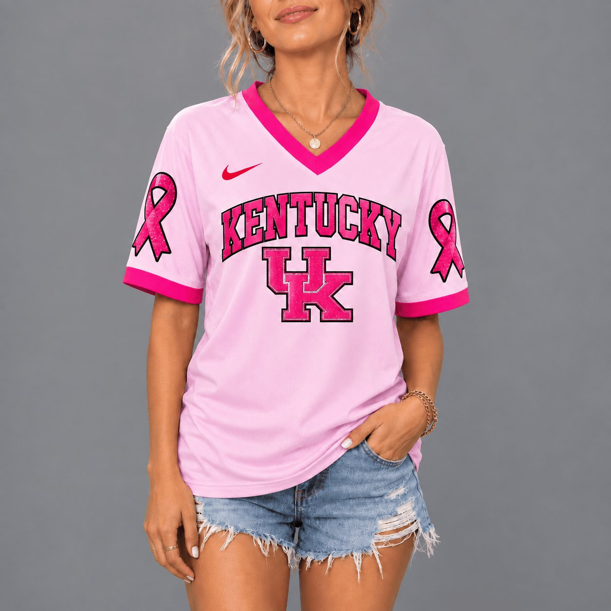 Kentucky Wildcats x Ribbon Breast Cancer V-Neck Shirt Wildcats Fans Apparel Game Day Gift 1 - Unicasport Kentucky Wildcats x Ribbon Breast Cancer V-Neck Shirt Wildcats Fans Apparel Game Day Gift