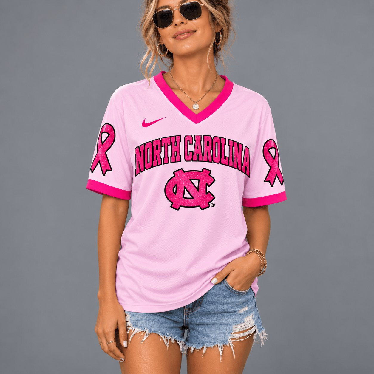 North Carolina Tar Heels x Breast Cancer Awareness V-Neck Shirt Tar Heels Game Day Outfit 1 - Unicasport North Carolina Tar Heels x Breast Cancer Awareness V-Neck Shirt Tar Heels Game Day Outfit