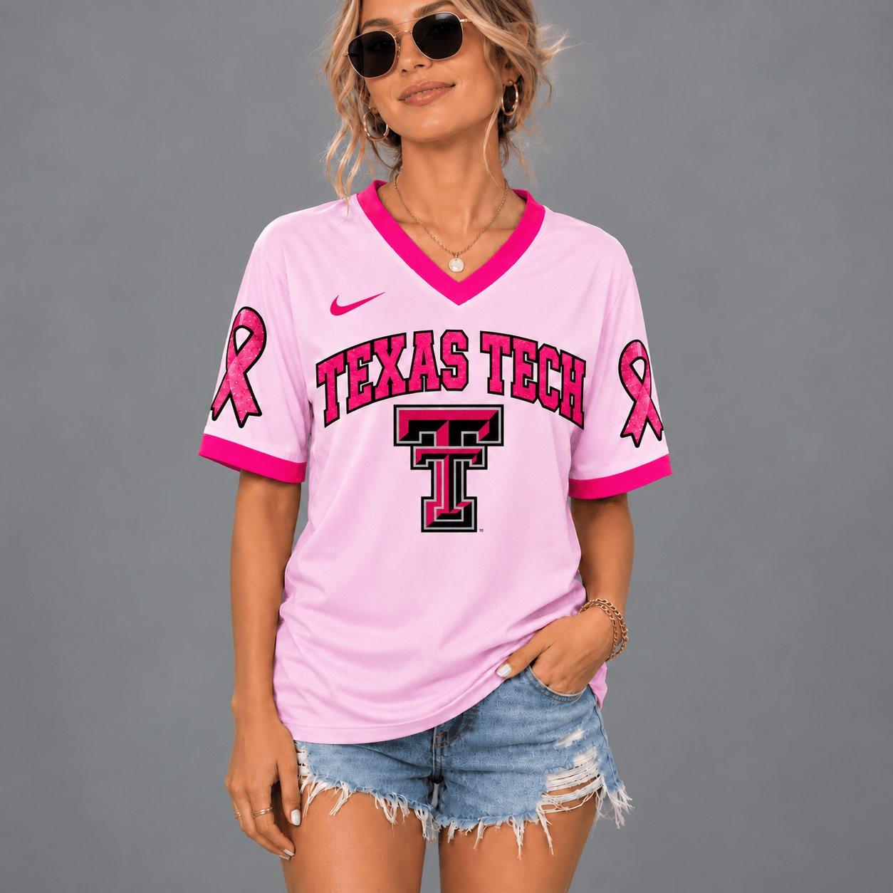 Texas Tech Red Raiders x Pink Ribbon Breast Cancer V-Neck Shirt Red Raiders Supporter Shirt 1 - Unicasport Texas Tech Red Raiders x Pink Ribbon Breast Cancer V-Neck Shirt Red Raiders Supporter Shirt
