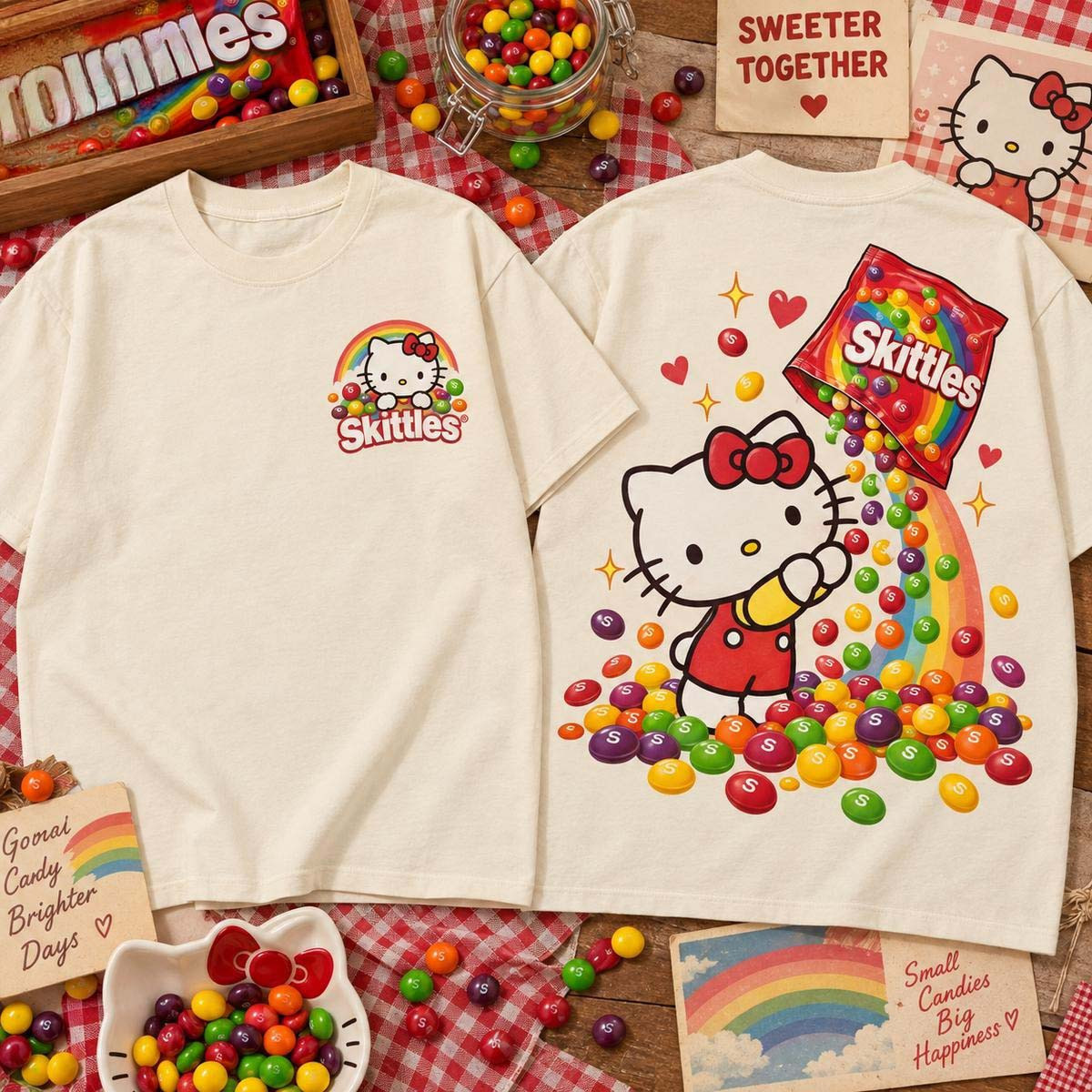 Hello Kitty Merch x Skittles Rainbow Candy 2026 T-Shirt Cute Gift For Girlfriends 1 - Unicasport Hello Kitty Merch x Skittles Rainbow Candy 2026 T-Shirt Cute Gift For Girlfriends