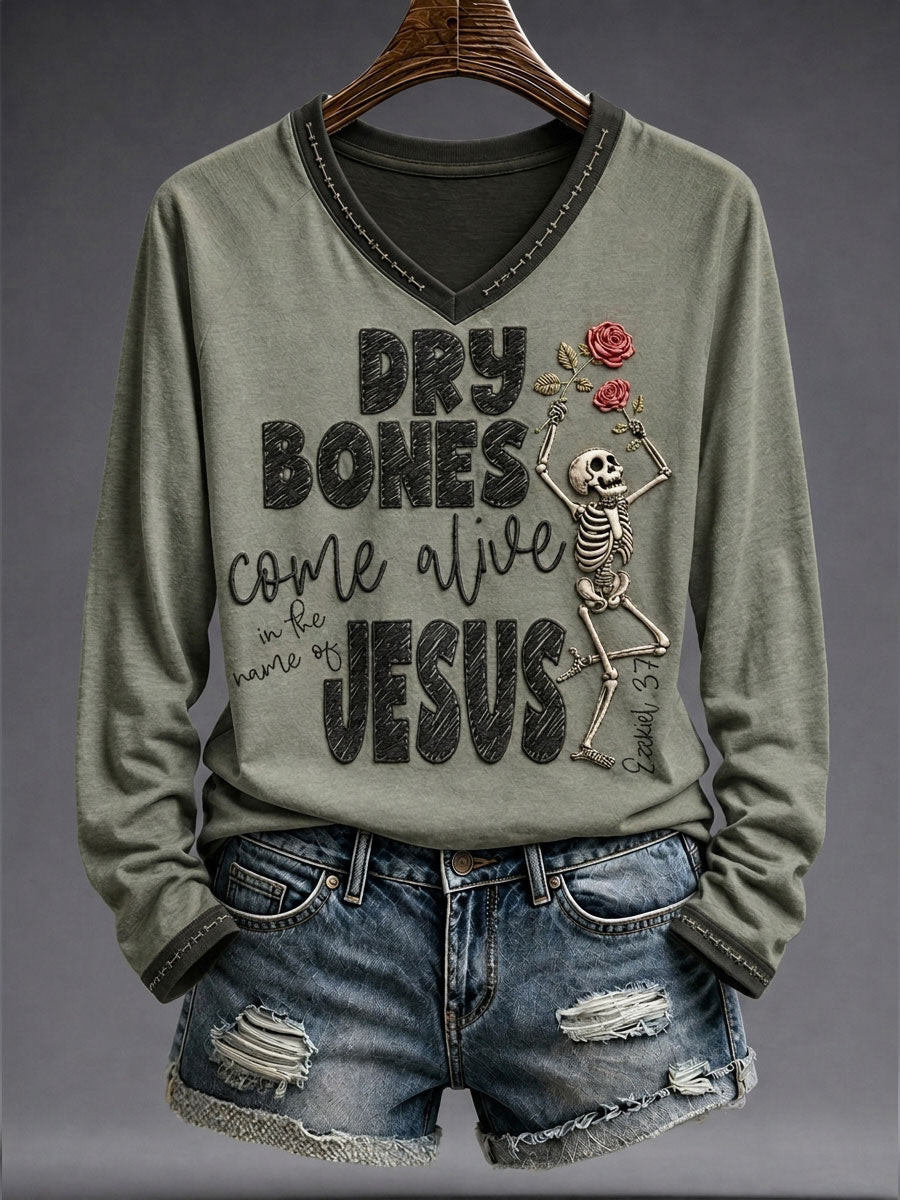 Faith Lover Dry Bones Come Alive Halloween V-Neck Long Sleeve Shirt Faith Christian Clothing Religious Gift 1 - Unicasport Faith Lover Dry Bones Come Alive Halloween V-Neck Long Sleeve Shirt Faith Christian Clothing Religious Gift