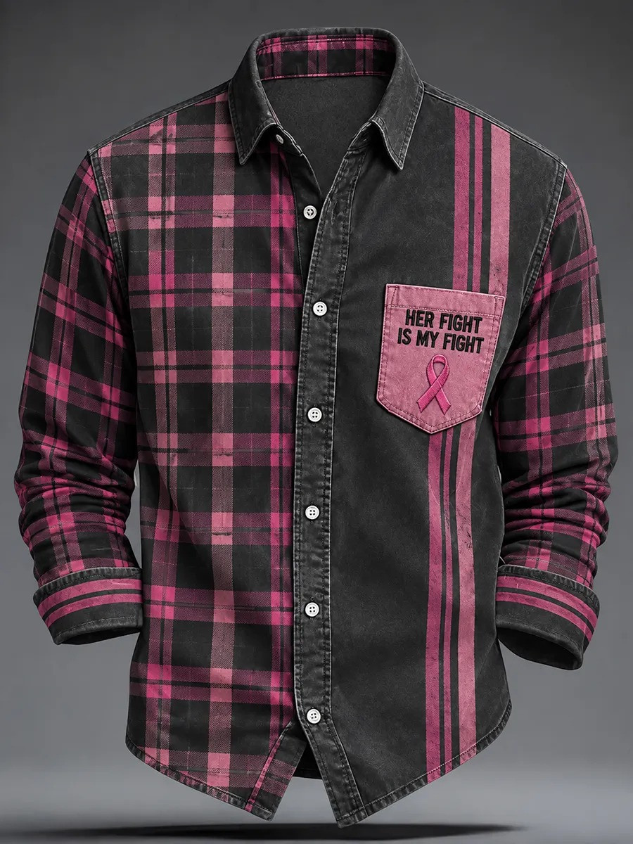 Breast Cancer Awareness Merch Her Fight Is My Fight Button Up Long Sleeve Shirt Gift For Husband 1 - Unicasport Breast Cancer Awareness Merch Her Fight Is My Fight Button Up Long Sleeve Shirt Gift For Husband