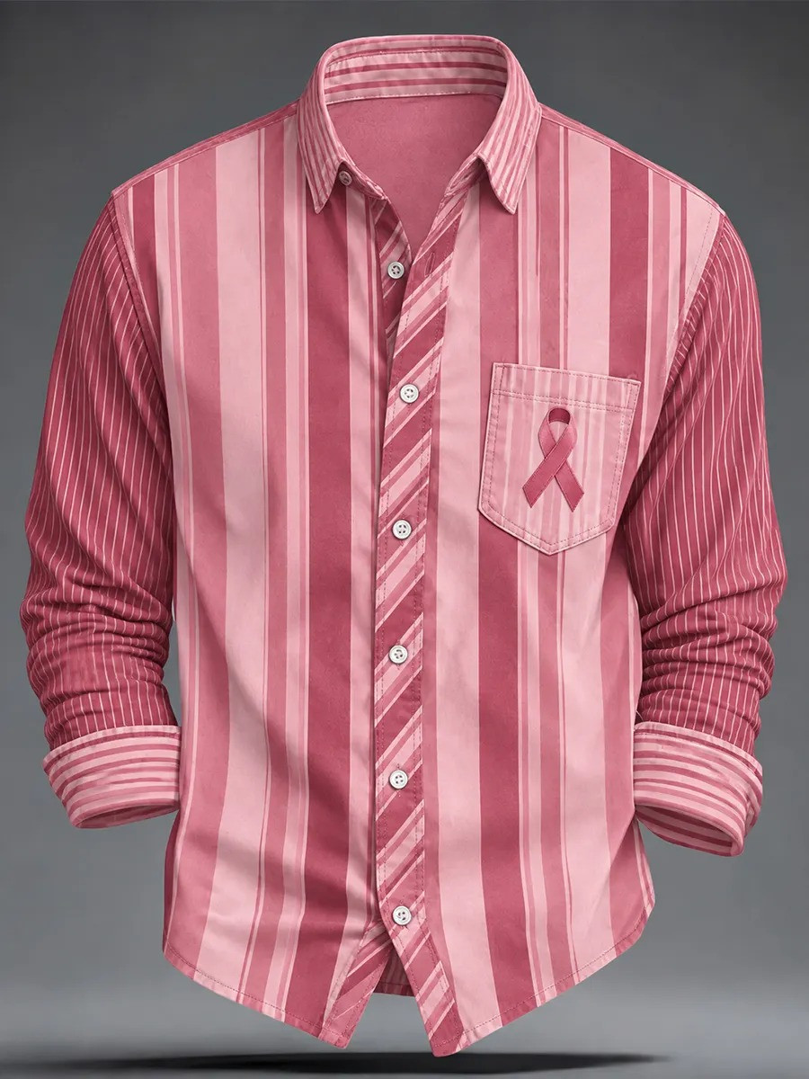 Breast Cancer Awareness Merch Pink Ribbon Button Up Long Sleeve Shirt Supports Gift