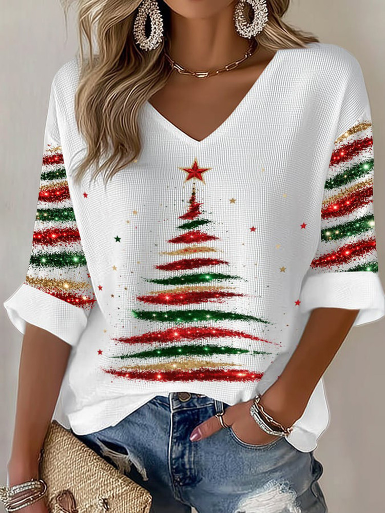 Christmas Tree Cropped Sleeve V-Neck Shirt Xmas Tree Apparel Christmas Gift For Women 1 - Unicasport Christmas Tree Cropped Sleeve V-Neck Shirt Xmas Tree Apparel Christmas Gift For Women