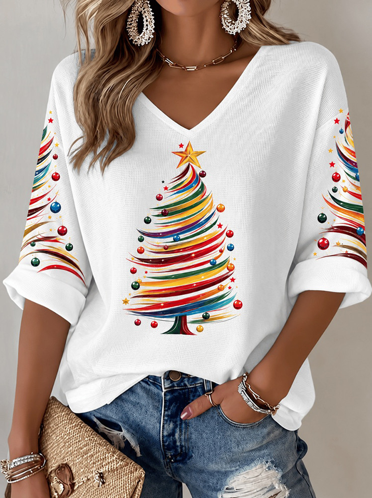 Festive Christmas Tree Cropped Sleeve V-Neck Shirt Holiday Tree Clothes Gift For Mom 1 - Unicasport Festive Christmas Tree Cropped Sleeve V-Neck Shirt Holiday Tree Clothes Gift For Mom