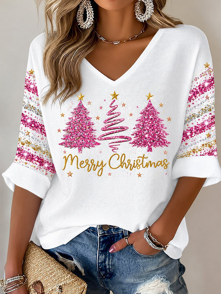 Merry Christmas Trees Cropped Sleeve V-Neck Shirt Christmas Tree Clothing Gift For Wife 1 - Unicasport Merry Christmas Trees Cropped Sleeve V-Neck Shirt Christmas Tree Clothing Gift For Wife