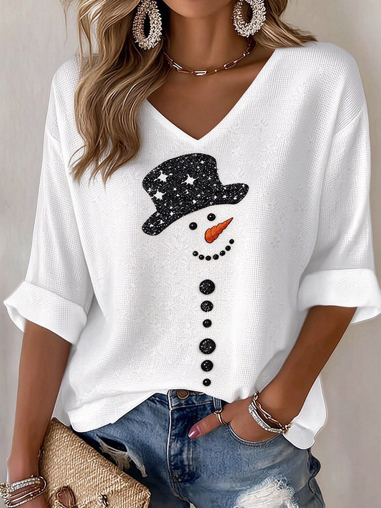 Snowman Face Snowman Cropped Sleeve V-Neck Shirt Christmas Clothes Xmas Gift For Her