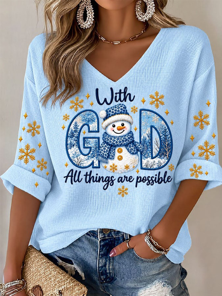 With God All Things Are Possible Snowman Cropped Sleeve V-Neck Shirt Christian Apparel Gift 1 - Unicasport With God All Things Are Possible Snowman Cropped Sleeve V-Neck Shirt Christian Apparel Gift