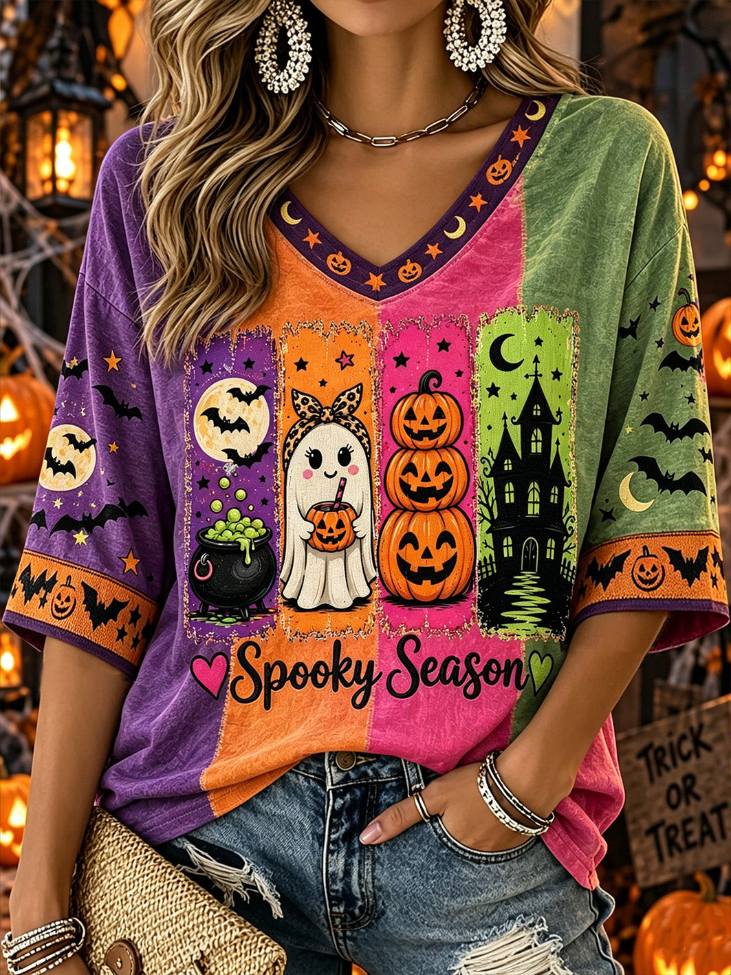Colorful Spooky Season Cropped Sleeve V-Neck T-Shirt Festive Holiday Halloween Clothing Gift For Mom 1 - Unicasport Colorful Spooky Season Cropped Sleeve V-Neck T-Shirt Festive Holiday Halloween Clothing Gift For Mom