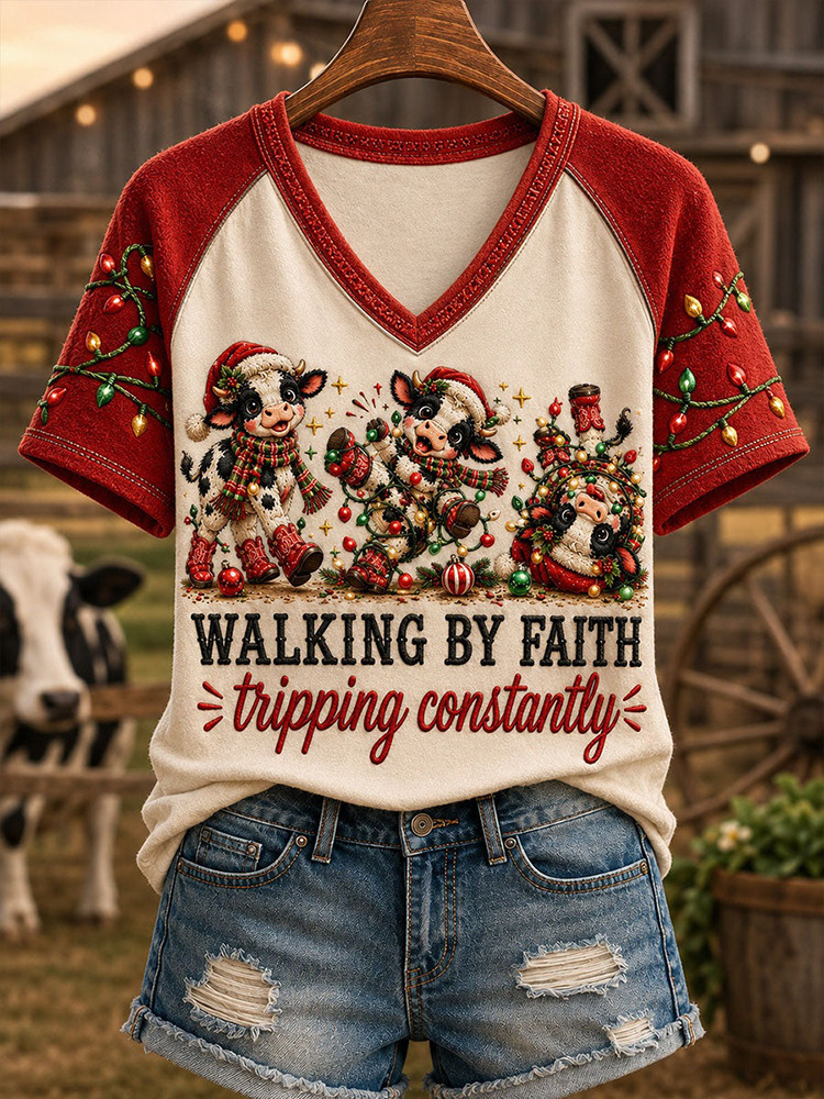 Walking By Faith Tripping Constantly Cow V-Neck T-Shirt Funny Cow Christmas Clothes Gift 1 - Unicasport Walking By Faith Tripping Constantly Cow V-Neck T-Shirt Funny Cow Christmas Clothes Gift