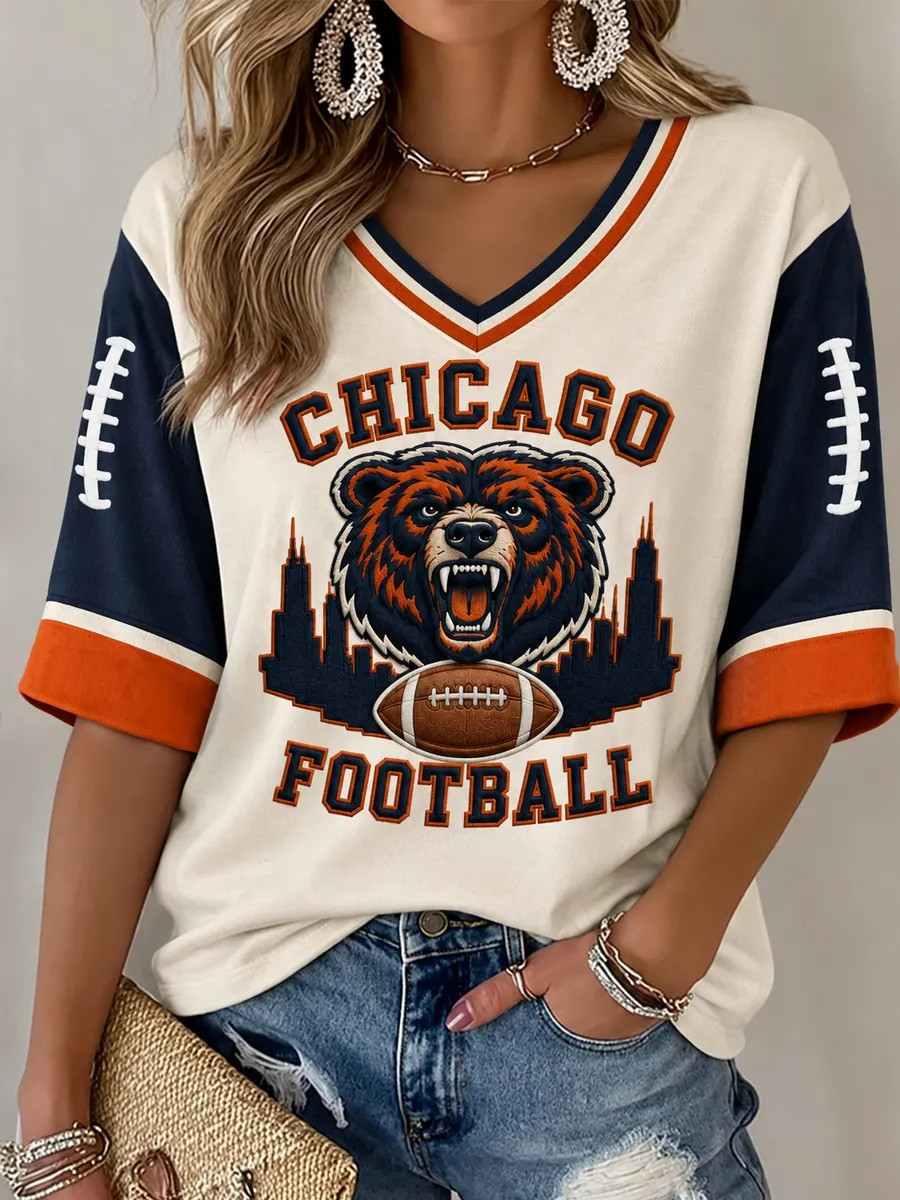 Chicago Bears Merch Chicago Football Game Day Cropped Sleeve V-Neck T-Shirt Mom Gift 1 - Unicasport Chicago Bears Merch Chicago Football Game Day Cropped Sleeve V-Neck T-Shirt Mom Gift