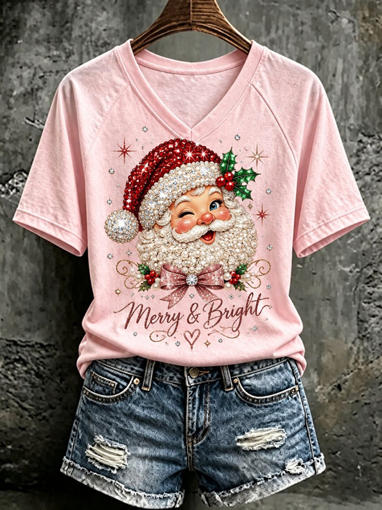 Merry And Bright Santa V-Neck T-Shirt Santa Claus Christmas Apparel Gift For Women 1 - Unicasport Merry And Bright Santa V-Neck T-Shirt Santa Claus Christmas Apparel Gift For Women