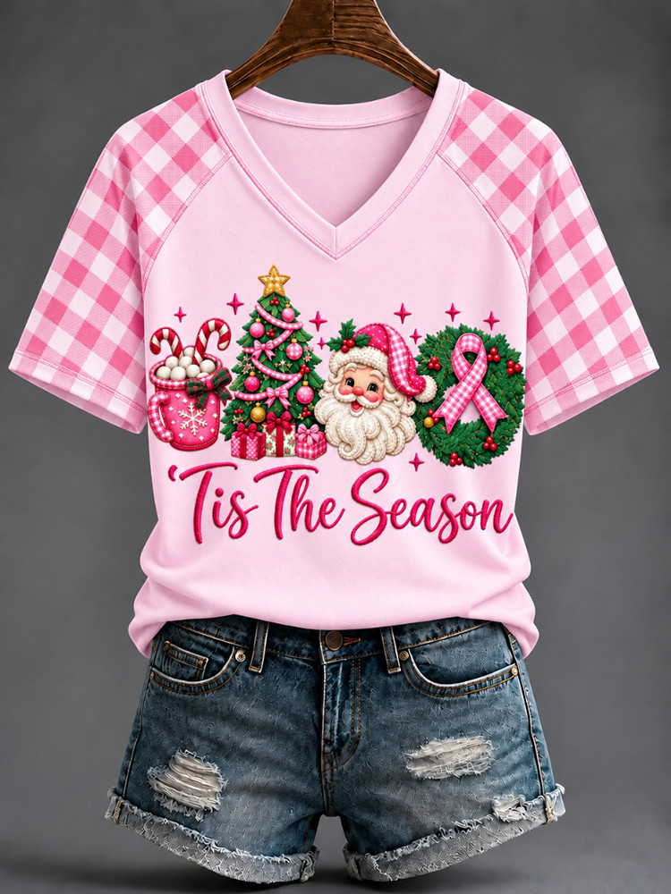 Tis The Season Santa Ribbon V-Neck T-Shirt Breast Cancer Christmas Clothing Gift For Women 1 - Unicasport Tis The Season Santa Ribbon V-Neck T-Shirt Breast Cancer Christmas Clothing Gift For Women