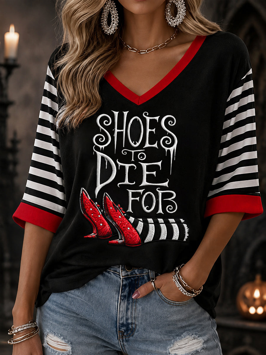 Shoes To Die Fob Cropped Sleeve V-Neck T-Shirt Spooky Halloween Holiday Apparel Gifts For A Horror Lover 1 - Unicasport Shoes To Die Fob Cropped Sleeve V-Neck T-Shirt Spooky Halloween Holiday Apparel Gifts For A Horror Lover