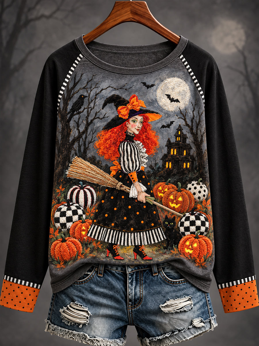 Vintage Witch Pumpkin Patch Halloween Long Sleeve Shirt Spooky Night Magic Apparel Women's Clothes Good Halloween Outfits 1 - Unicasport Vintage Witch Pumpkin Patch Halloween Long Sleeve Shirt Spooky Night Magic Apparel Women's Clothes Good Halloween Outfits