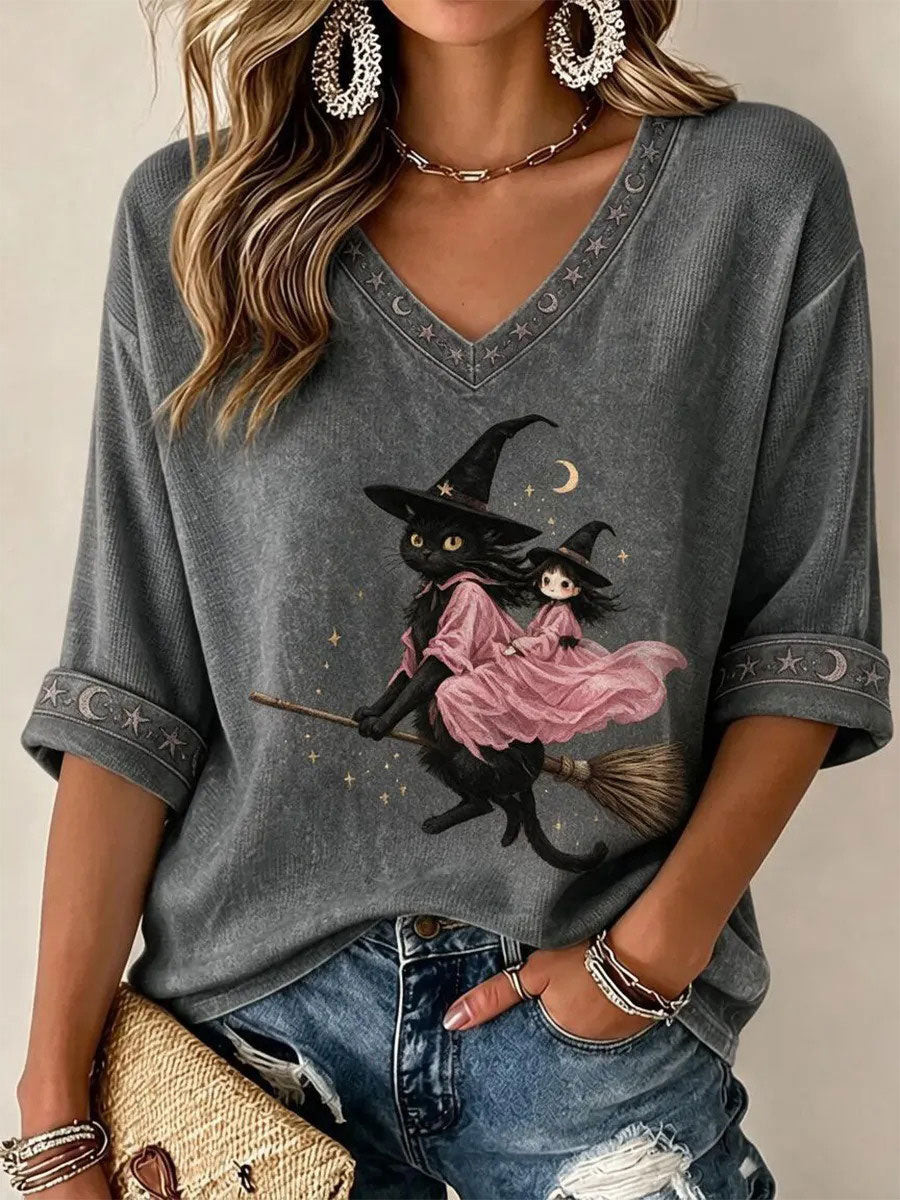 Purple Moon Gothic Cat V-Neck Long Sleeve Shirt Halloween Shirts Women Outfits Gift For Her 1 - Unicasport Purple Moon Gothic Cat V-Neck Long Sleeve Shirt Halloween Shirts Women Outfits Gift For Her