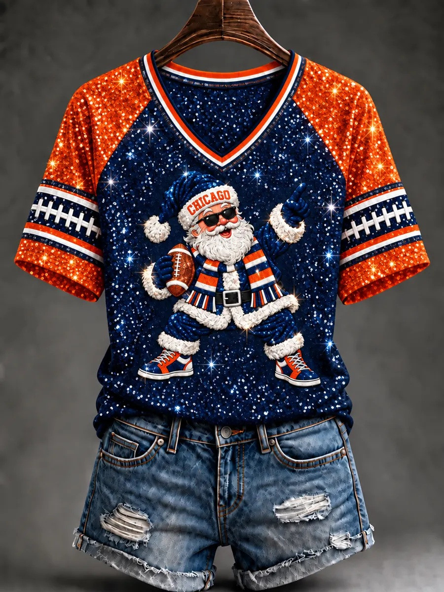 Chicago Bears Merch Santa National Football V-Neck T-Shirt Gameday Gift 1 - Unicasport Chicago Bears Merch Santa National Football V-Neck T-Shirt Gameday Gift