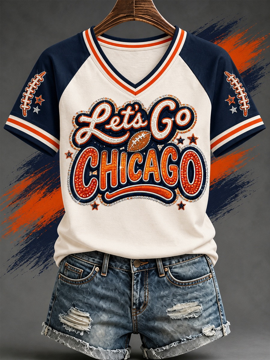 Chicago Bears Merch Let's Go Chicago V-Neck T-Shirt Sunday Football Gift For Her 1 - Unicasport Chicago Bears Merch Let's Go Chicago V-Neck T-Shirt Sunday Football Gift For Her