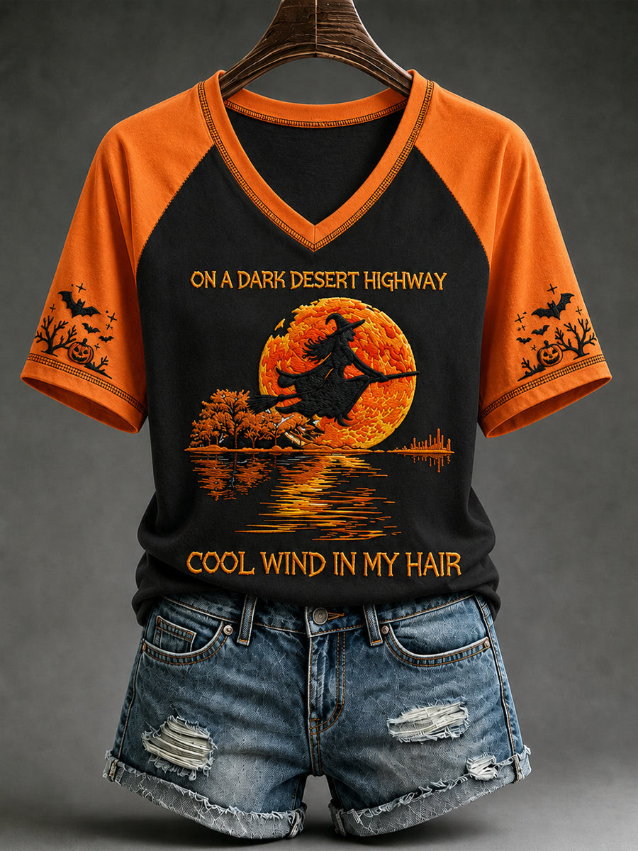 On A Dark Desert Highway Cool Wind In My Hair V-Neck Shirt Full Moon Spooky Halloween Apparel Gifts For A Horror Fans 1 - Unicasport On A Dark Desert Highway Cool Wind In My Hair V-Neck Shirt Full Moon Spooky Halloween Apparel Gifts For A Horror Fans