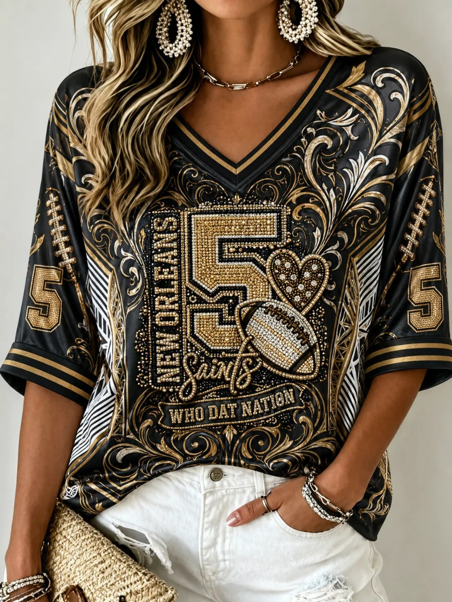New Orleans Saints Merch Who Dat Nation Cropped Sleeve V-Neck Shirt Football Mom Gift 1 - Unicasport New Orleans Saints Merch Who Dat Nation Cropped Sleeve V-Neck Shirt Football Mom Gift