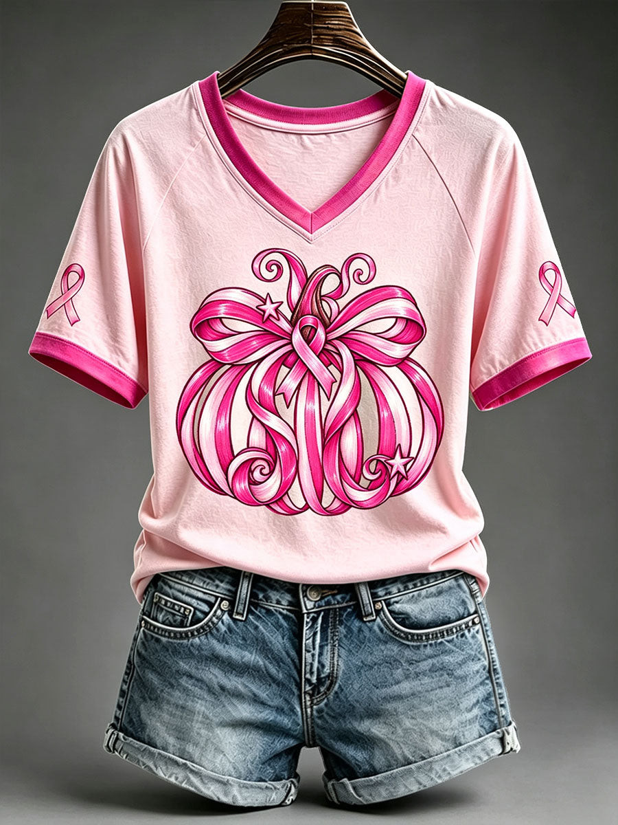In October We Wear Pink Ribbon Pumpkin V-Neck Shirt Halloween Horror Nights Apparel Best Gift For Her 1 - Unicasport In October We Wear Pink Ribbon Pumpkin V-Neck Shirt Halloween Horror Nights Apparel Best Gift For Her