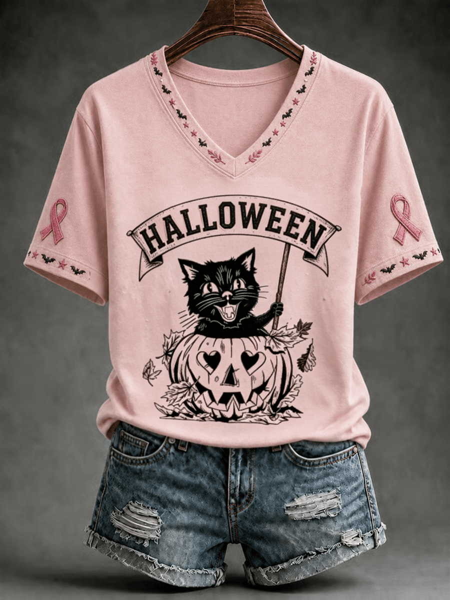 Pink Halloween Black Cat V-Neck Shirt Cute Witchy Kitten Pink Ribbon Clothes Gifts For Bestie 1 - Unicasport Pink Halloween Black Cat V-Neck Shirt Cute Witchy Kitten Pink Ribbon Clothes Gifts For Bestie