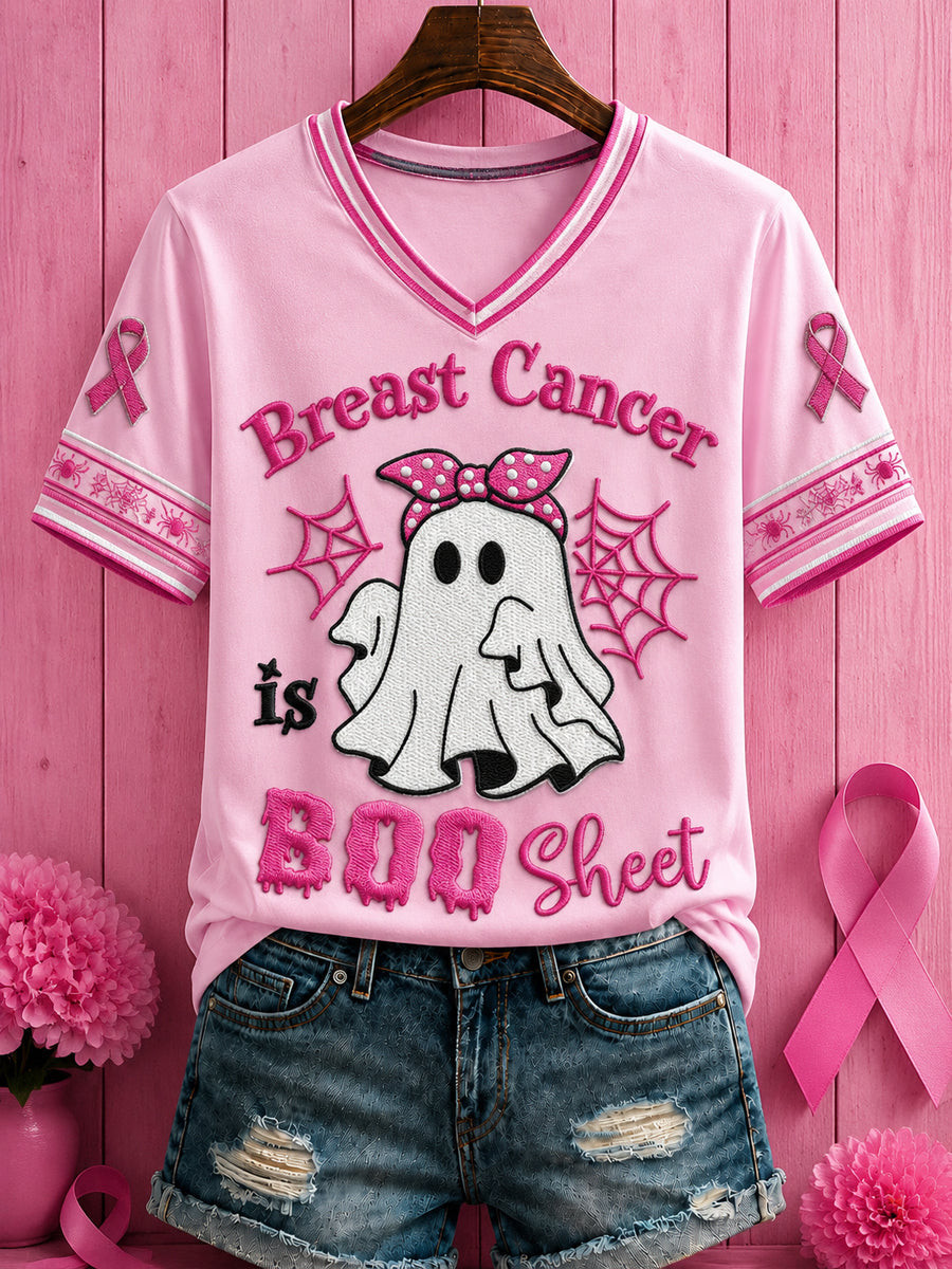 Breast Cancer Awareness Halloween Ghost V-Neck Shirt Cute Halloween Apparel Pink October Support Gift 1 - Unicasport Breast Cancer Awareness Halloween Ghost V-Neck Shirt Cute Halloween Apparel Pink October Support Gift