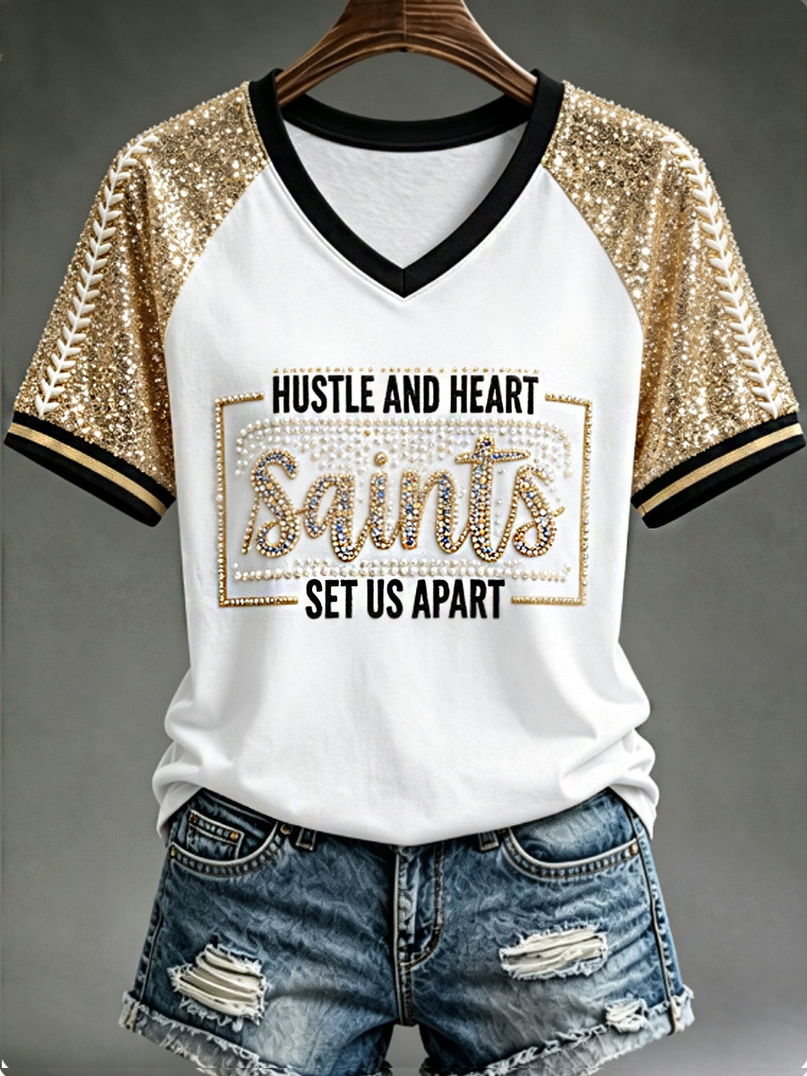 New Orleans Saints Merch Hustle And Heart Set Us Apart V-Neck Shirt Football Mom Gift 1 - Unicasport New Orleans Saints Merch Hustle And Heart Set Us Apart V-Neck Shirt Football Mom Gift