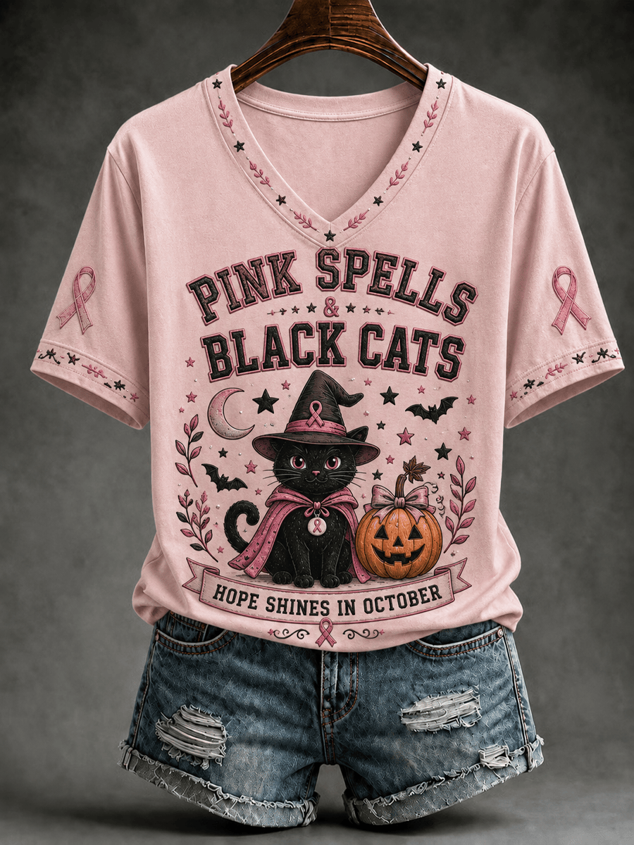 Pink Spells Black Cats Halloween V-Neck Shirt Cute Witchy Kitten Pink Ribbon Clothes Gifts For Bestie 1 - Unicasport Pink Spells Black Cats Halloween V-Neck Shirt Cute Witchy Kitten Pink Ribbon Clothes Gifts For Bestie