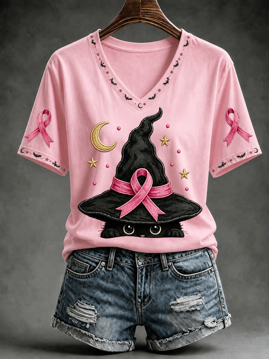 Pink Witch Hat Breast Cancer Awareness V-Neck Shirt Cute Flying Ghost Pumpkin Clothes Gifts For Friends 1 - Unicasport Pink Witch Hat Breast Cancer Awareness V-Neck Shirt Cute Flying Ghost Pumpkin Clothes Gifts For Friends