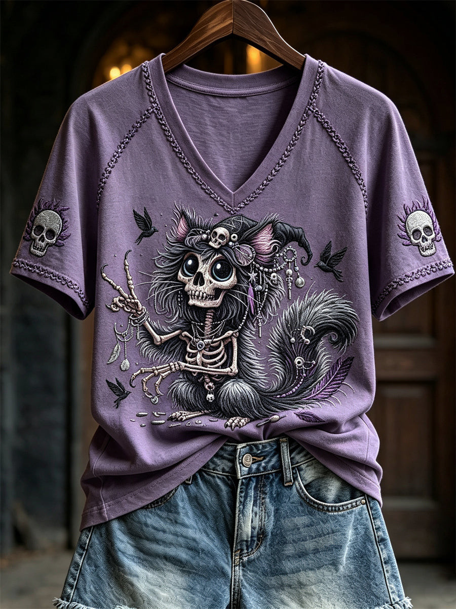 Gothic Fuzzy Skeleton Cat V-Neck Shirt Happy Halloween Outfits Spooky Cat Lover Gift Ideas 1 - Unicasport Gothic Fuzzy Skeleton Cat V-Neck Shirt Happy Halloween Outfits Spooky Cat Lover Gift Ideas